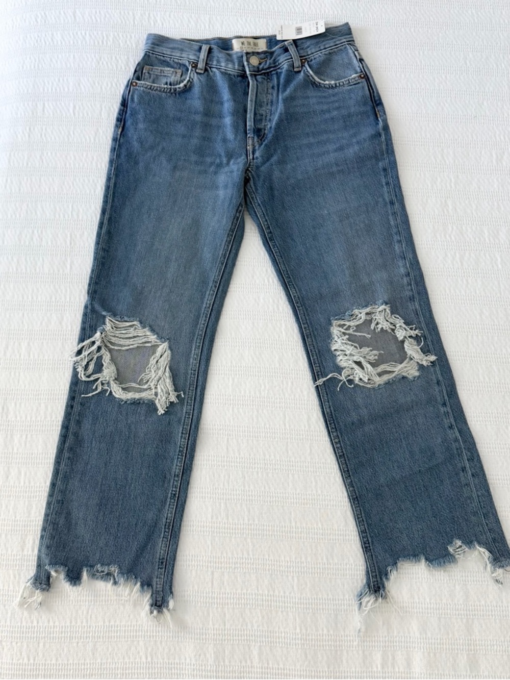 Free People Mid-Blue Straight-Leg Ripped Jeans